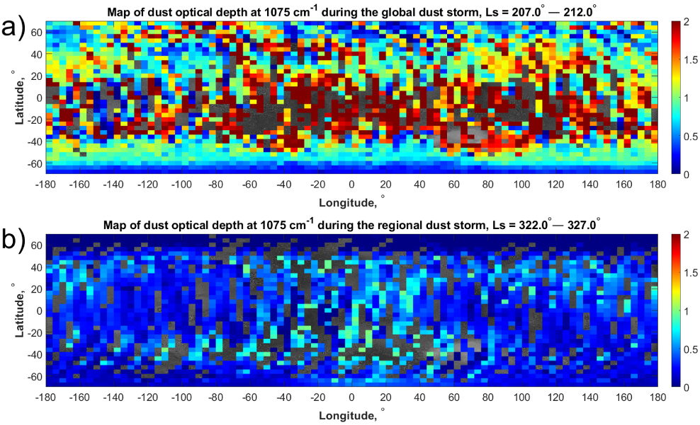 Fig. 3. Spatial distribution of dust at the peaks of the global dust storm (a) and the regional storm (b).